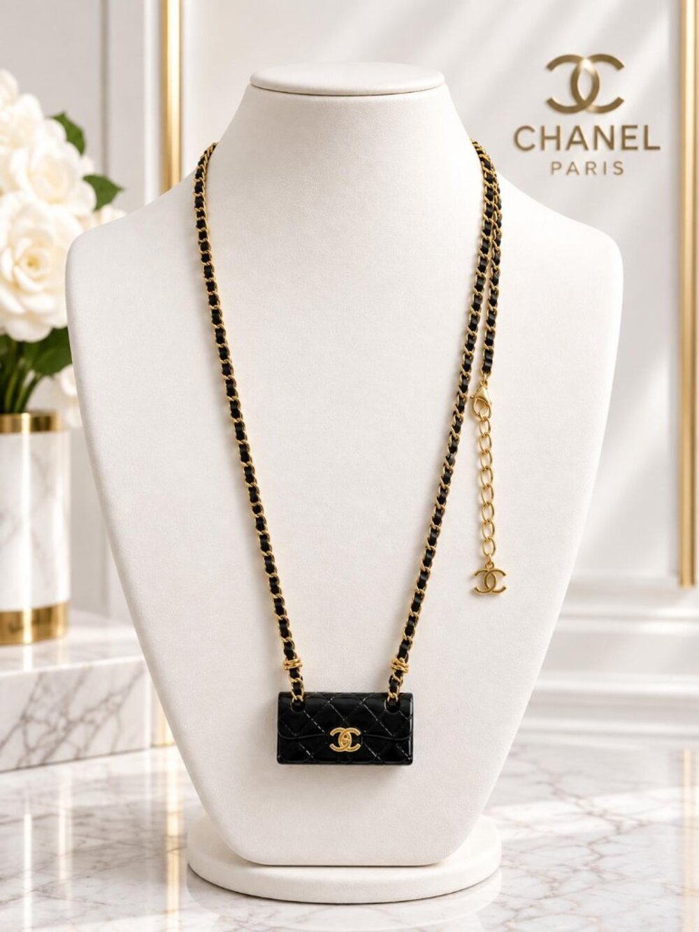 Authentic Chanel Mini Flap Bag Pendant Black Gold Tone Chain Necklace